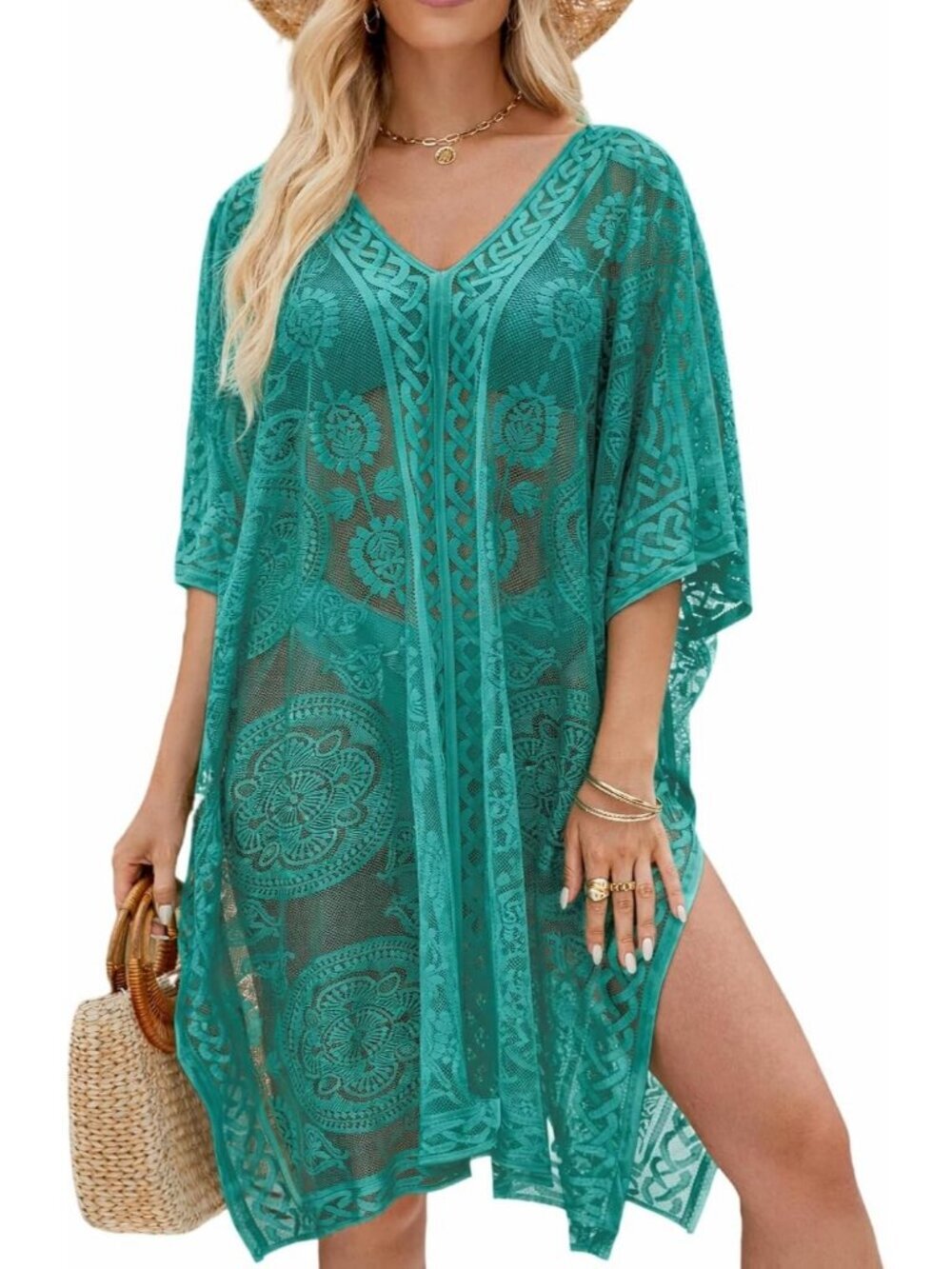 Women's Cyan Boho Crochet Swimsuit Cover Up V Neck Loose Fit Beach Kaftan Dress